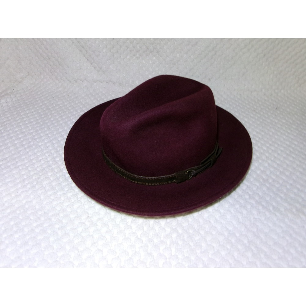 Gelso Bianco Burgundy Wool Felt Fedora Hat Made in Italy‎ Leather Trim Wide Brim